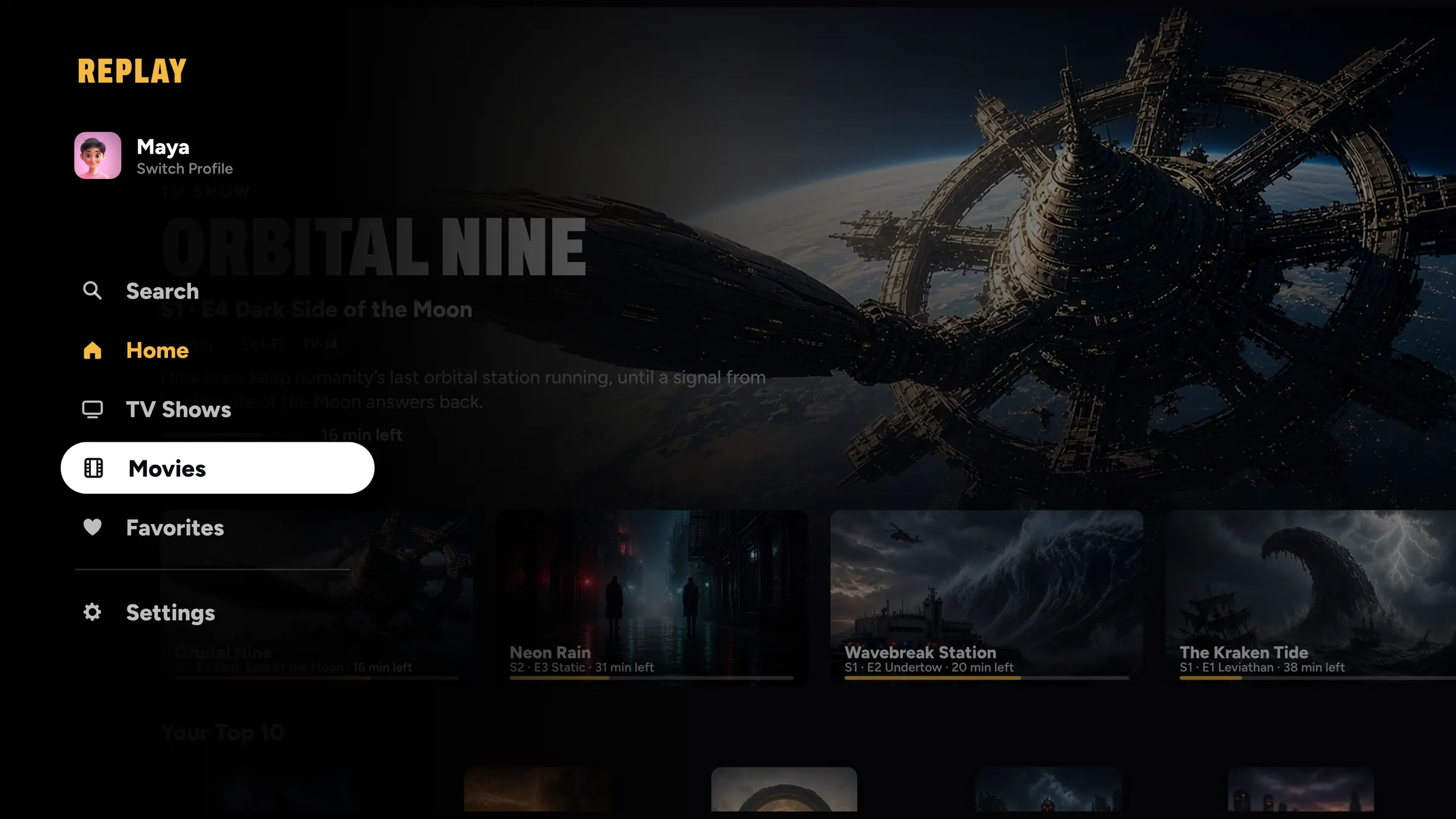 REPLAY on Apple TV with the side menu, Orbital Nine and Continue Watching