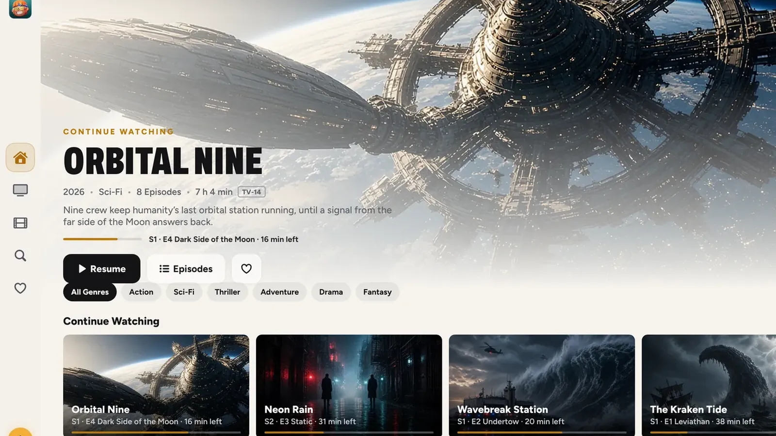 REPLAY Home on iPad, with Orbital Nine, Continue Watching and Your Top 10