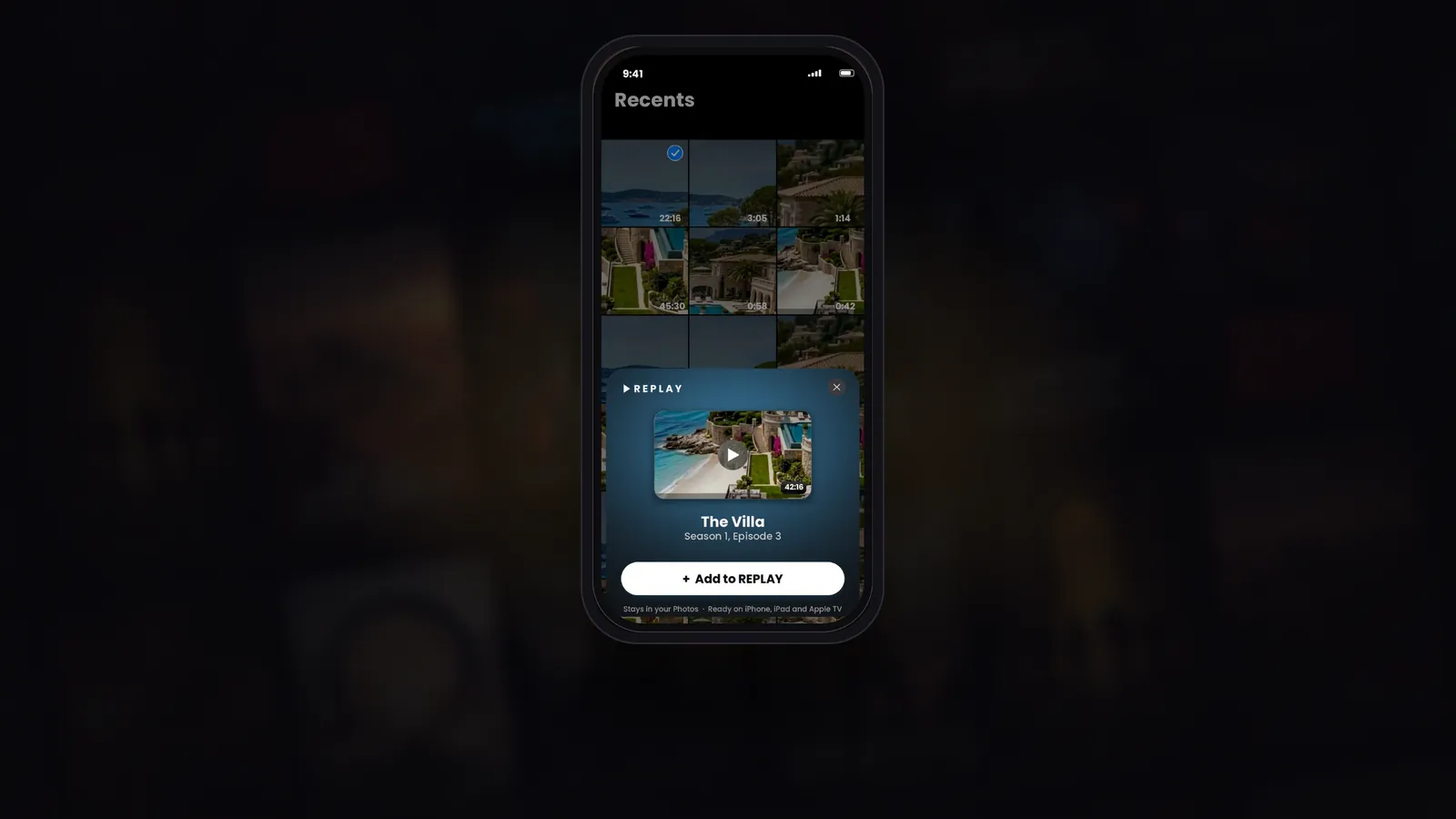 Share to REPLAY on iPhone: a card showing where the video is going, with Add to REPLAY